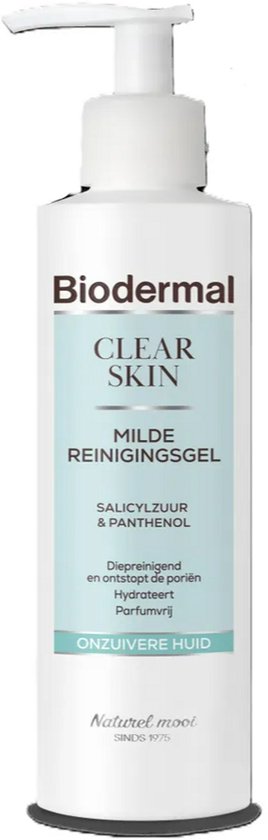 Witte fles Biodermal Clear Skin Milde Reinigingsgel met pompje, lichtblauw label met tekst en ingrediënten.