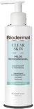 Witte fles Biodermal Clear Skin Milde Reinigingsgel met pompje, lichtblauw label met tekst en ingrediënten.