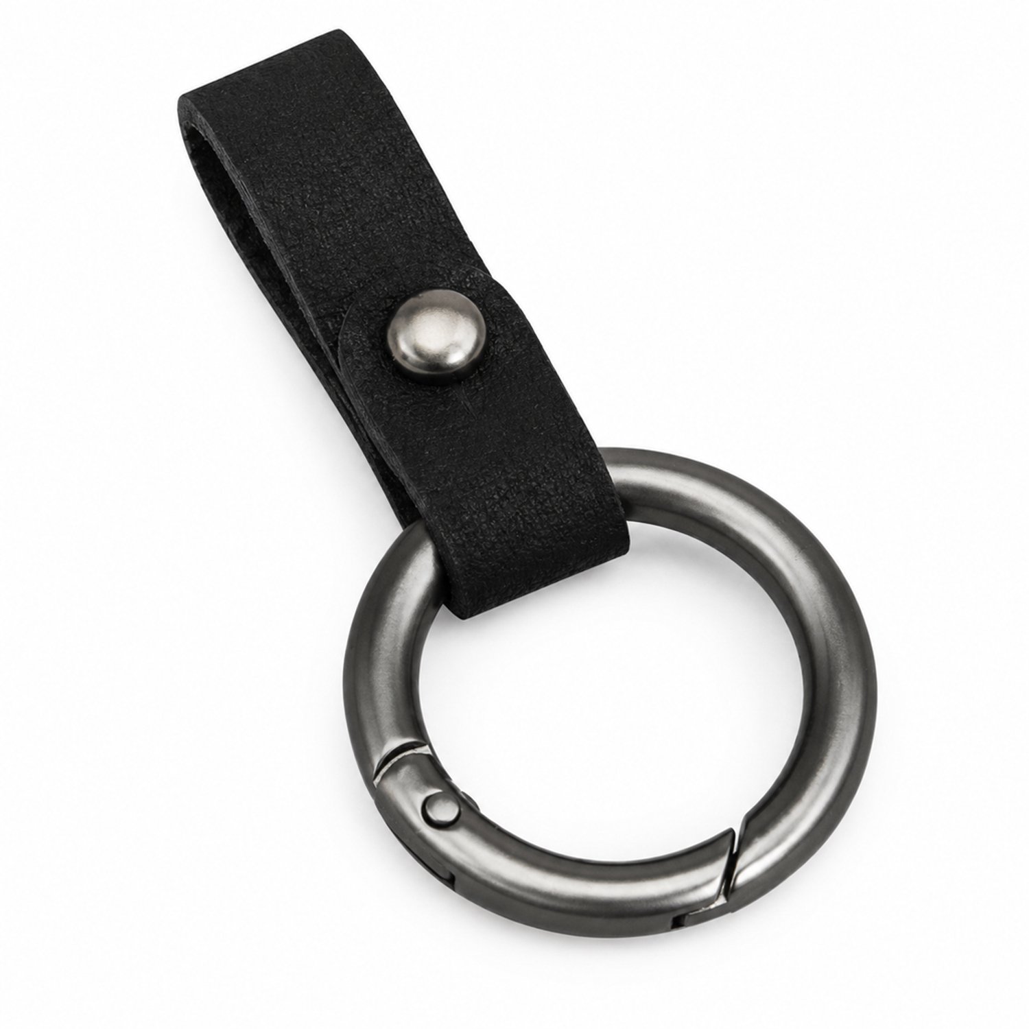 Leren sleutelhanger zwart met ronde sleutelring in mat gunmetal en lus zonder stiknaden