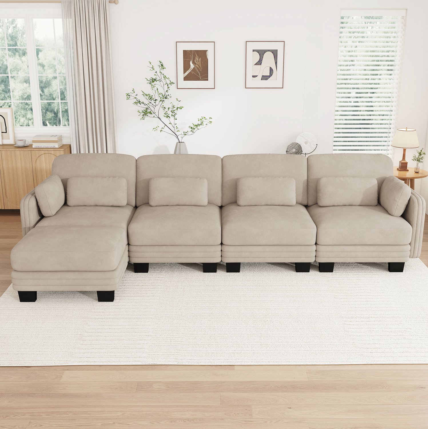 MIVRAY Hoekbank 330 x 143 x 88 cm - Modulaire L-Vorm met Voetenbank en Verplaatsbare Kussens - Voor Woonkamer - Chenille - Licht Koffiebruin