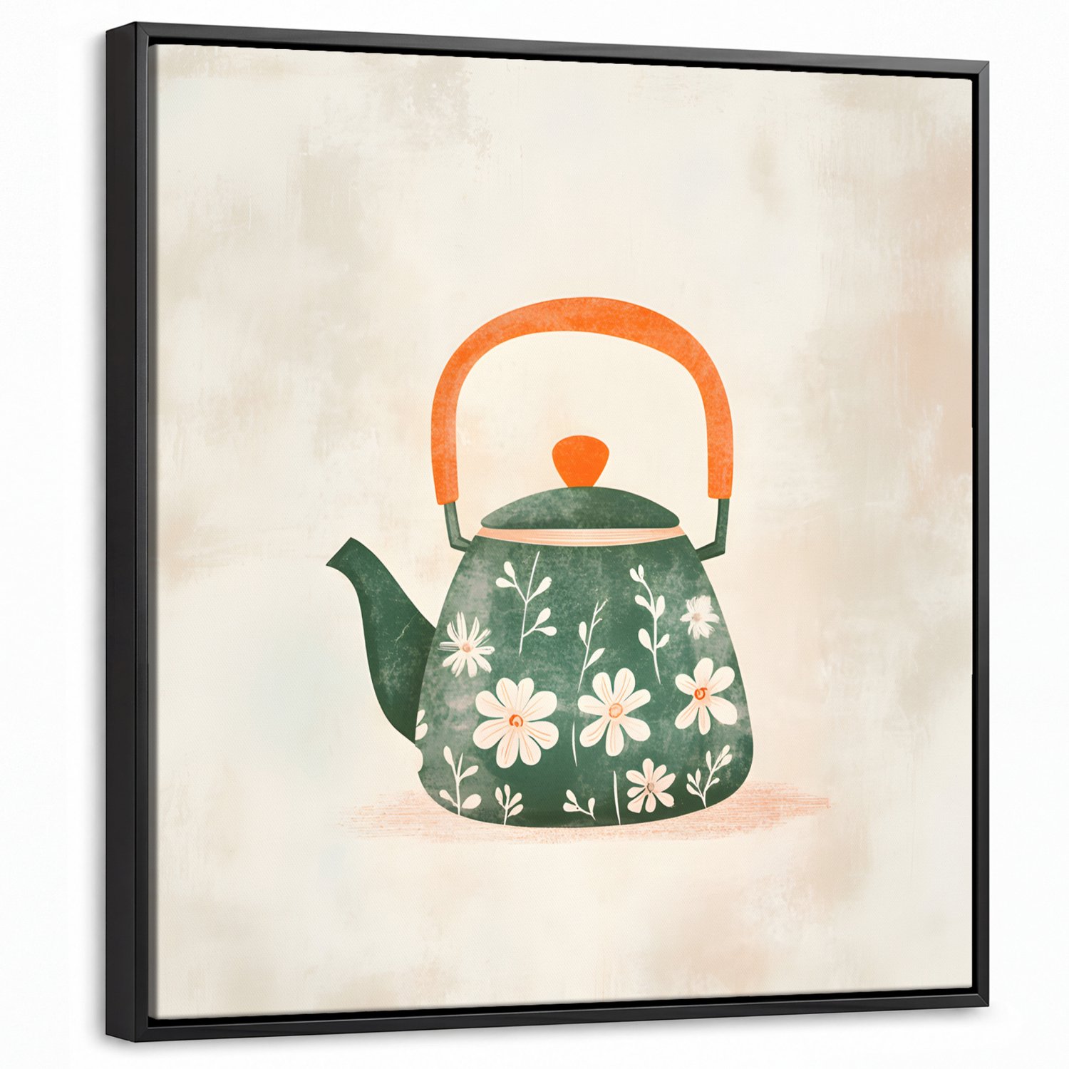 Canvas Schilderij met Baklijst 50x50cm - Theepot - Groen - Bloemen - Oranje - Muurdecoratie woonkamer - Slaapkamer decoratie - Kamer accessoires - Schilderijen op canvas met lijst