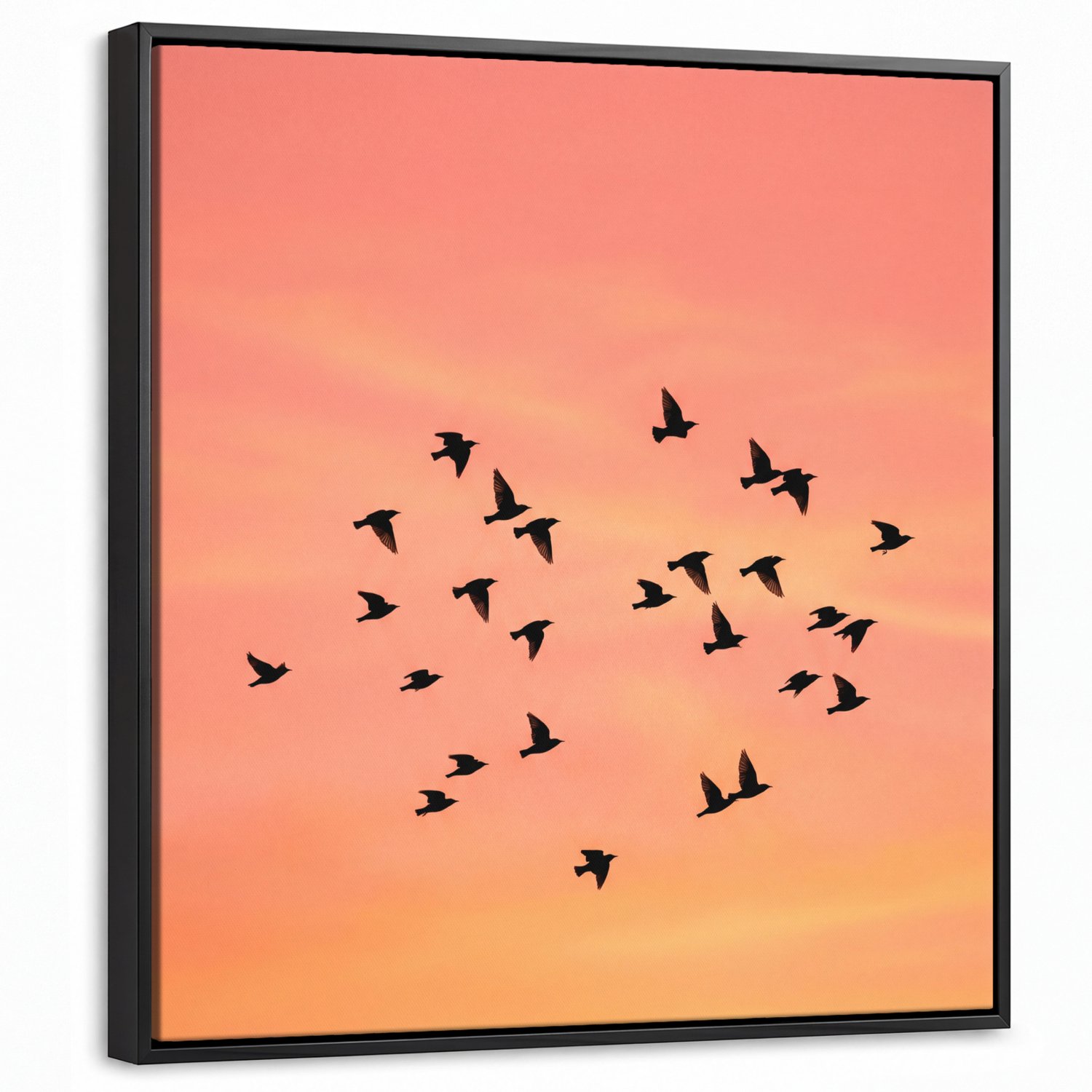Canvas Schilderij met Baklijst 50x50cm - Zwerm - Vogels - Oranje - Muurdecoratie woonkamer - Slaapkamer decoratie - Kamer accessoires - Schilderijen op canvas met lijst