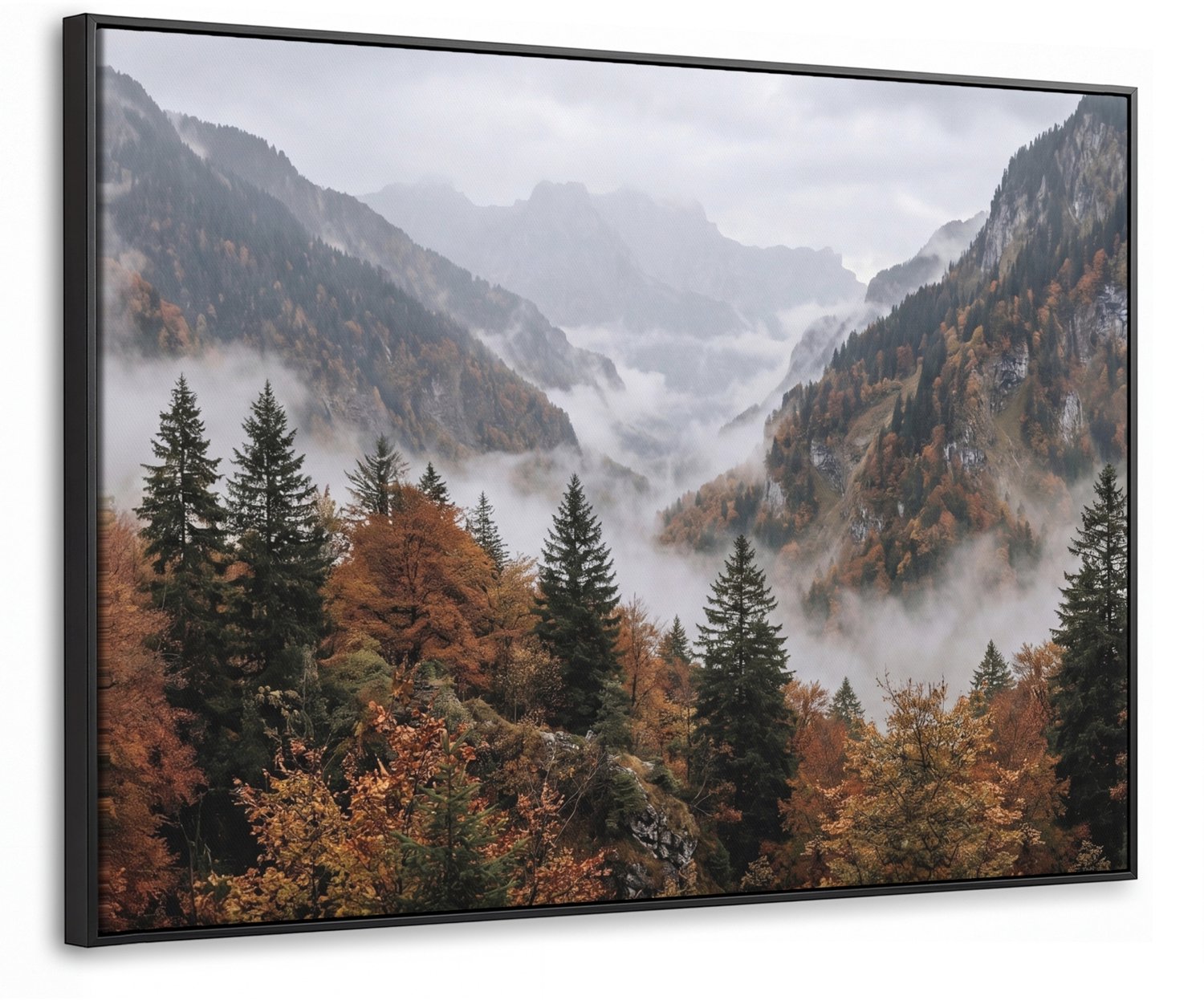 Canvas Schilderij met Baklijst 100x70cm - Bergen - Vallei - Mist - Herfst - Natuur - Muurdecoratie woonkamer - Slaapkamer decoratie - Kamer accessoires - Schilderijen op canvas met lijst