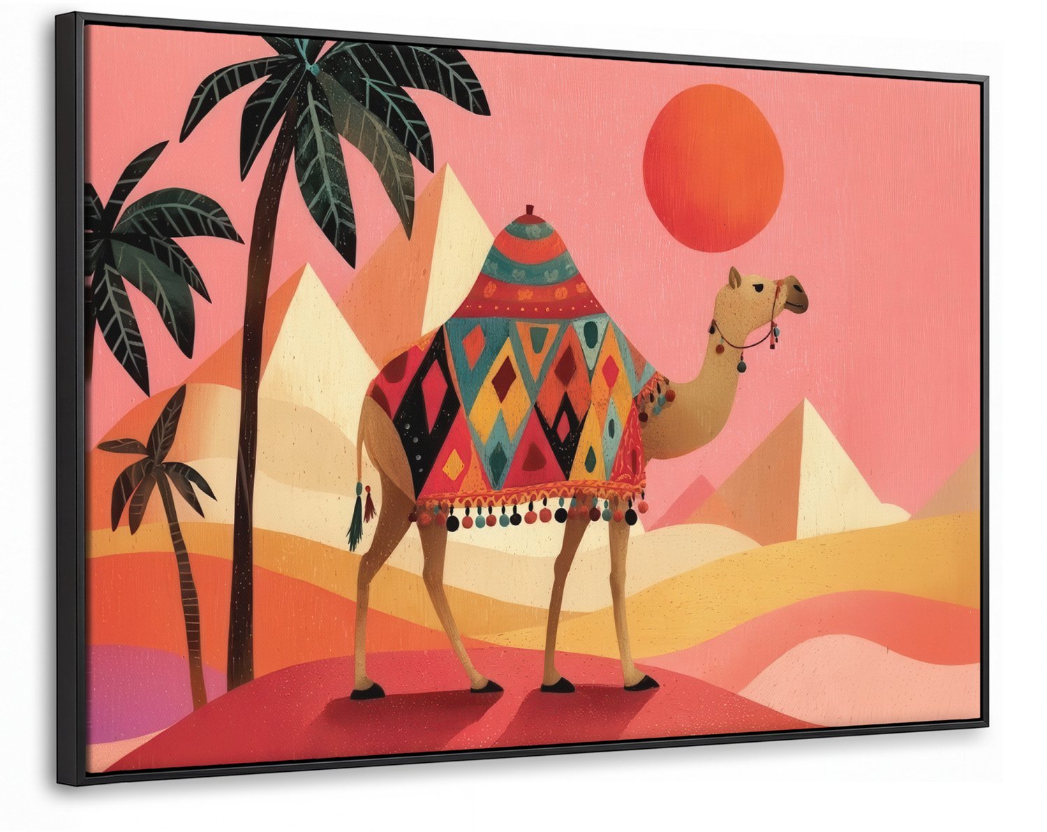 Canvas Schilderij met Baklijst 90x60cm - Kameel - Pyramides - Rode zon - Muurdecoratie woonkamer - Slaapkamer decoratie - Kamer accessoires - Schilderijen op canvas met lijst