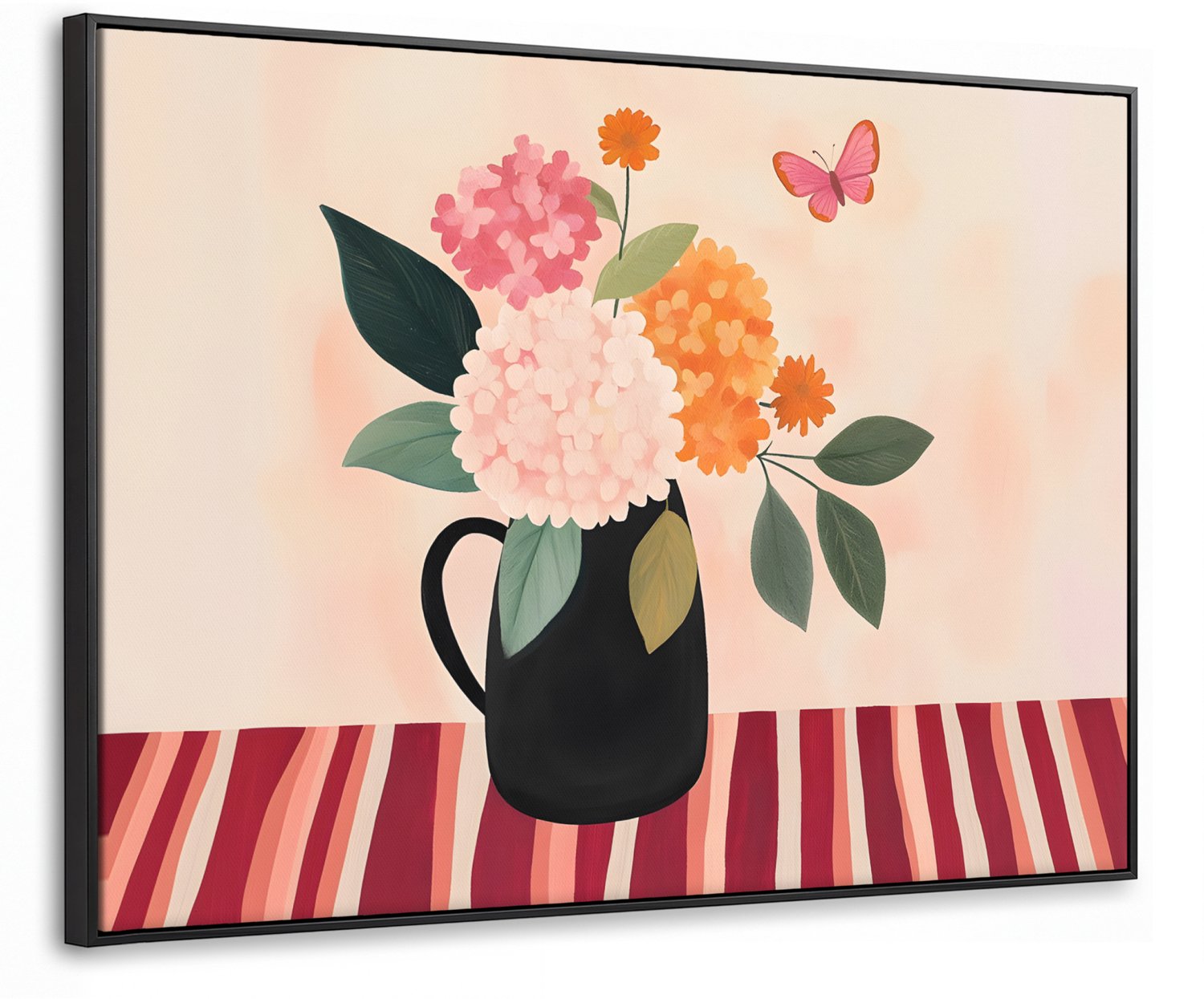 Canvas Schilderij met Baklijst 80x60cm - Vaas - Bloemen - Vlinder - Rood - Muurdecoratie woonkamer - Slaapkamer decoratie - Kamer accessoires - Schilderijen op canvas met lijst