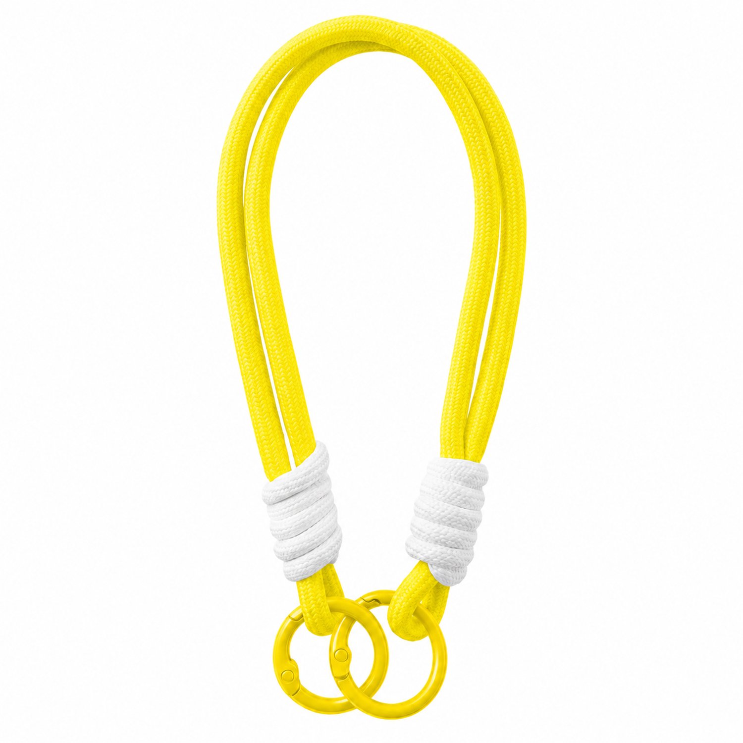 Telefoonkoord geel 16 cm van gevlochten nylon met twee metalen ringen en witte koordwikkelingen, los verpakt