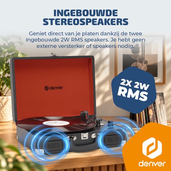 Denver platenspeler met rode binnenkant op een houten tafel, met visuele effecten voor stereospeakers.