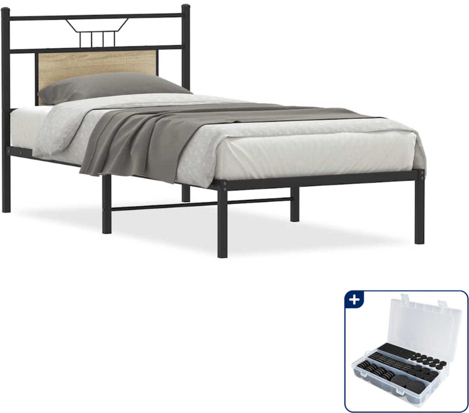vidaXL bedframe - 90 x 190 cm - bewerkt hout en staal - sonoma eiken - Inclusief antikrasvilt 177-delig Bruin