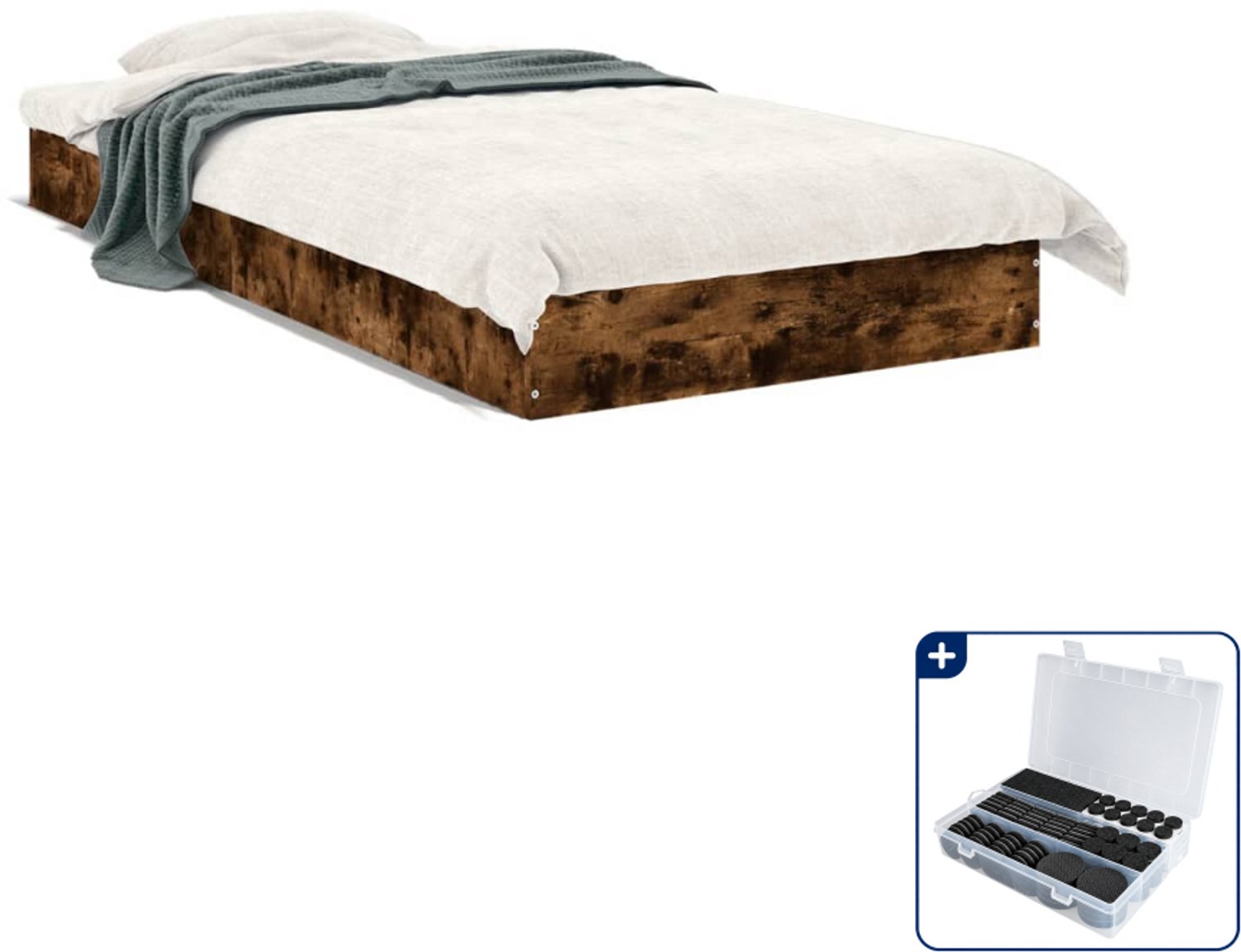 vidaXL bedframe - 75 x 190 cm - bewerkt hout - gerookt eiken - Inclusief antikrasvilt 177-delig Bruin