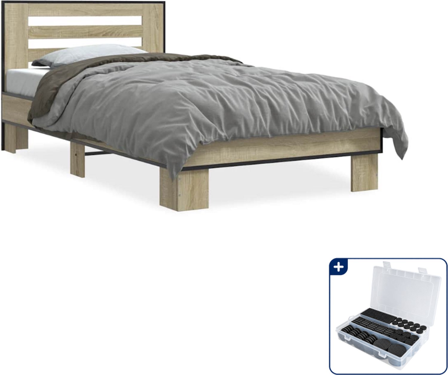 vidaXL bedframe - 75 x 190 cm - bewerkt hout en metaal - sonoma eiken - Inclusief antikrasvilt 177-delig Bruin