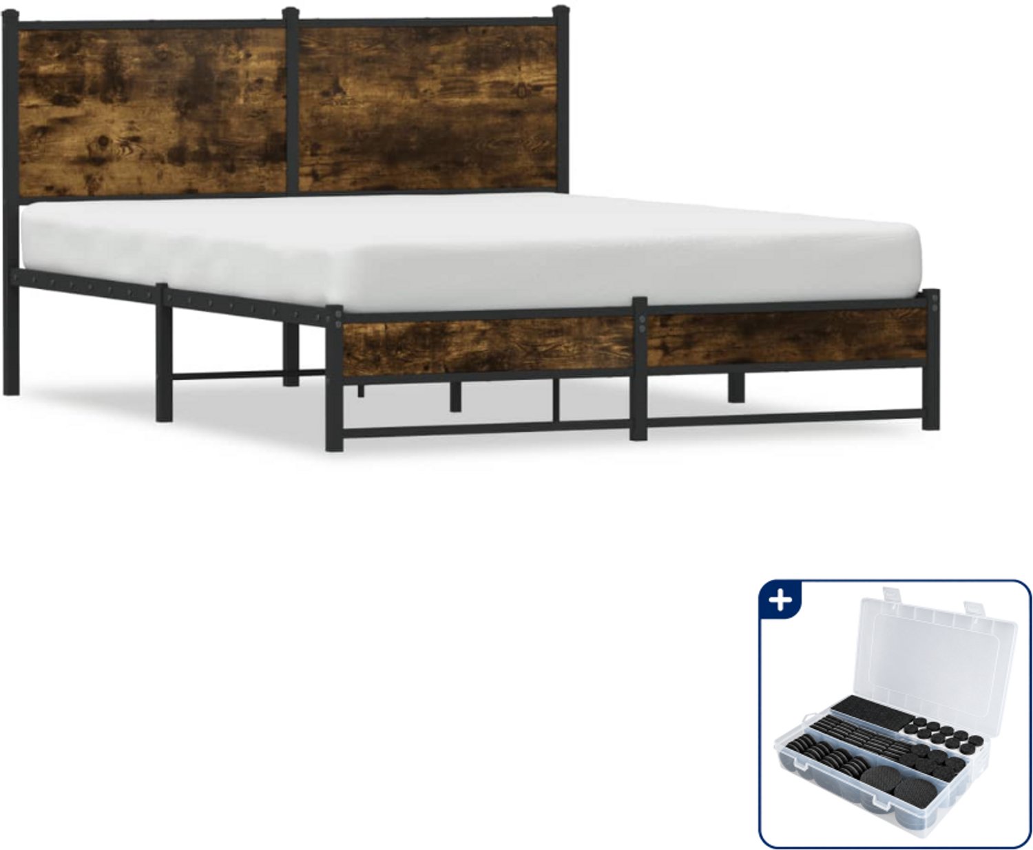 vidaXL Bedframe Small double - 140 x 200 cm - gerookt eiken - Inclusief antikrasvilt 177-delig Bruin