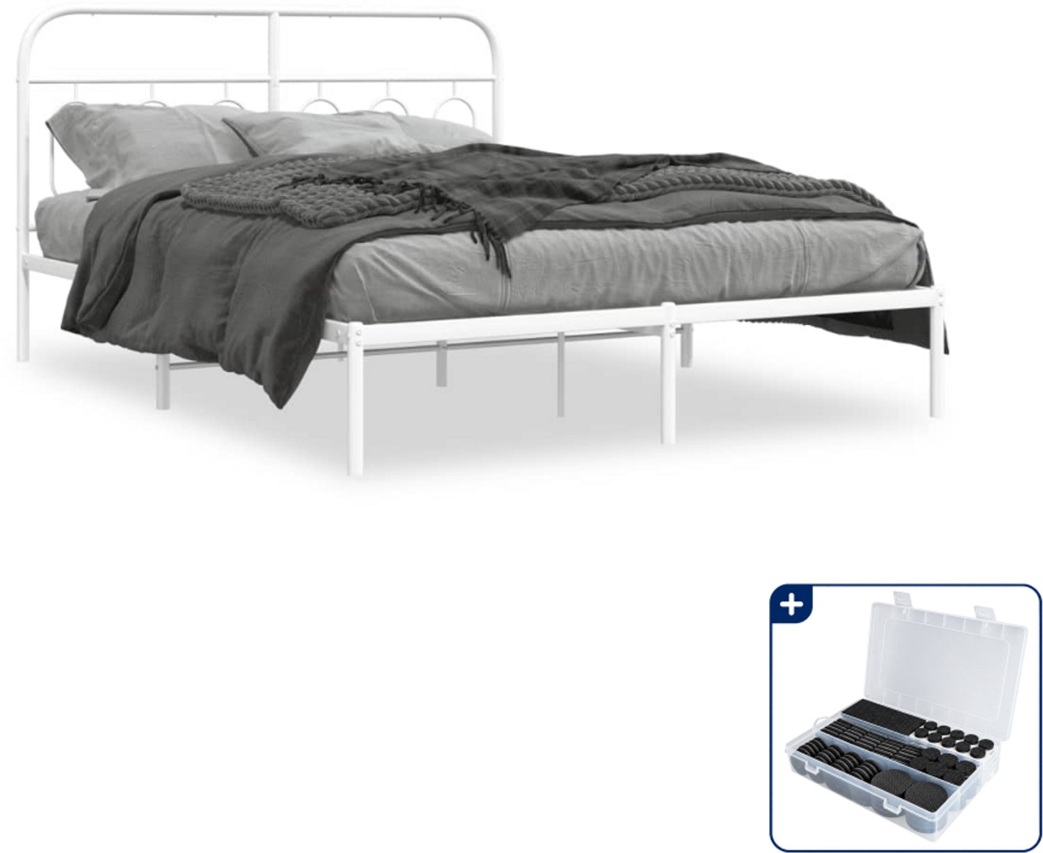 vidaXL bedframe met hoofdbord - 140 x 190 cm - staal - wit - Inclusief antikrasvilt 177-delig