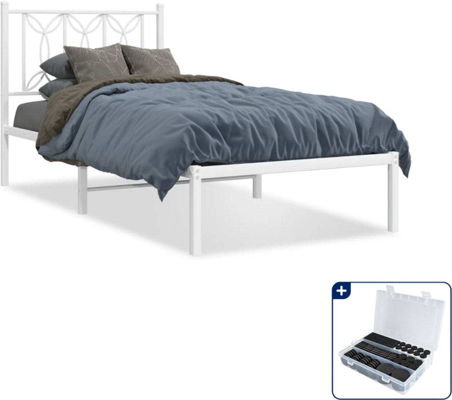 vidaXL bedframe met hoofdbord - 80 x 200 cm - staal - wit - Inclusief antikrasvilt 177-delig