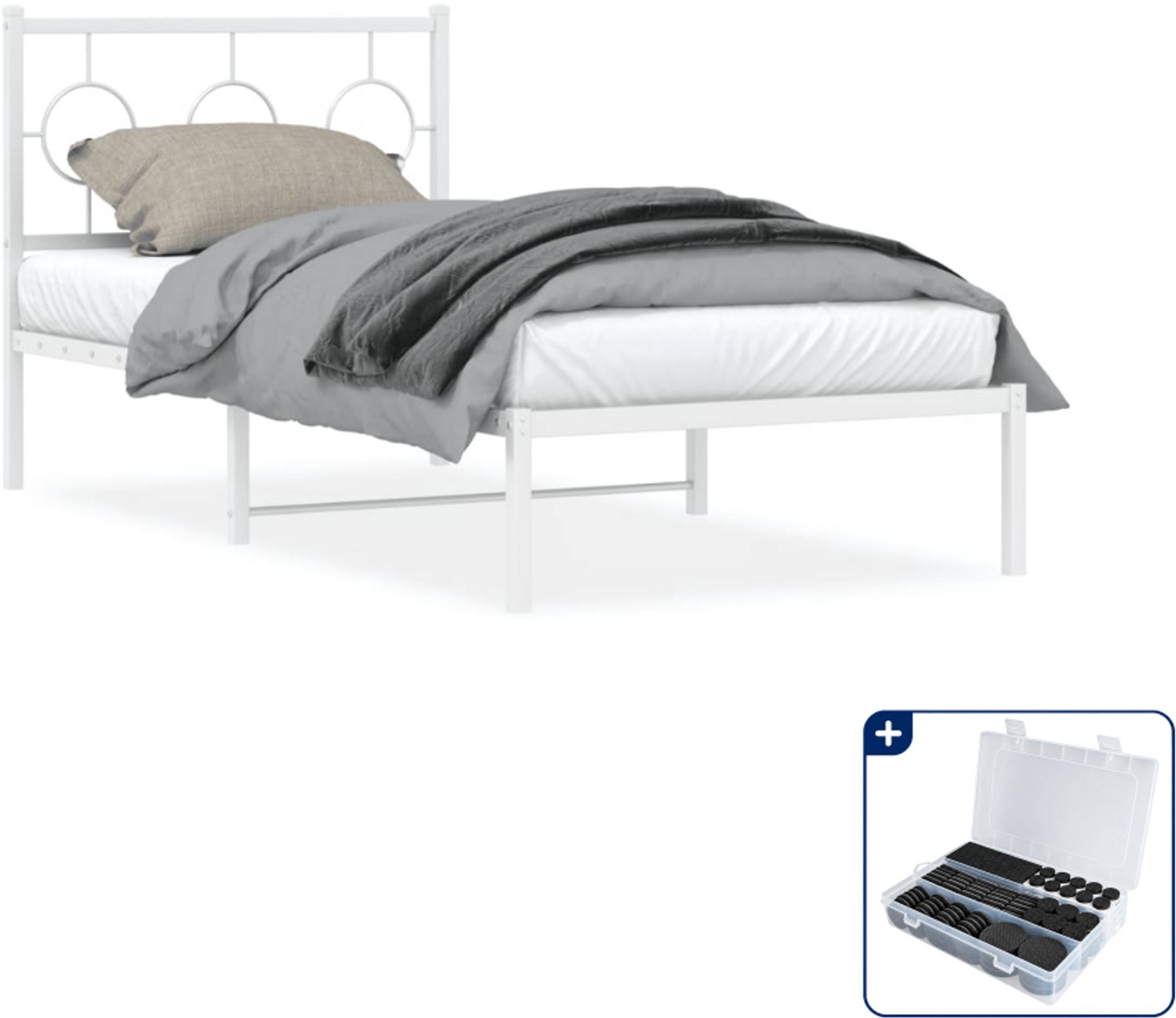 vidaXL Bedframe met hoofdbord - 90 x 200 cm - staal - wit - Inclusief antikrasvilt 177-delig