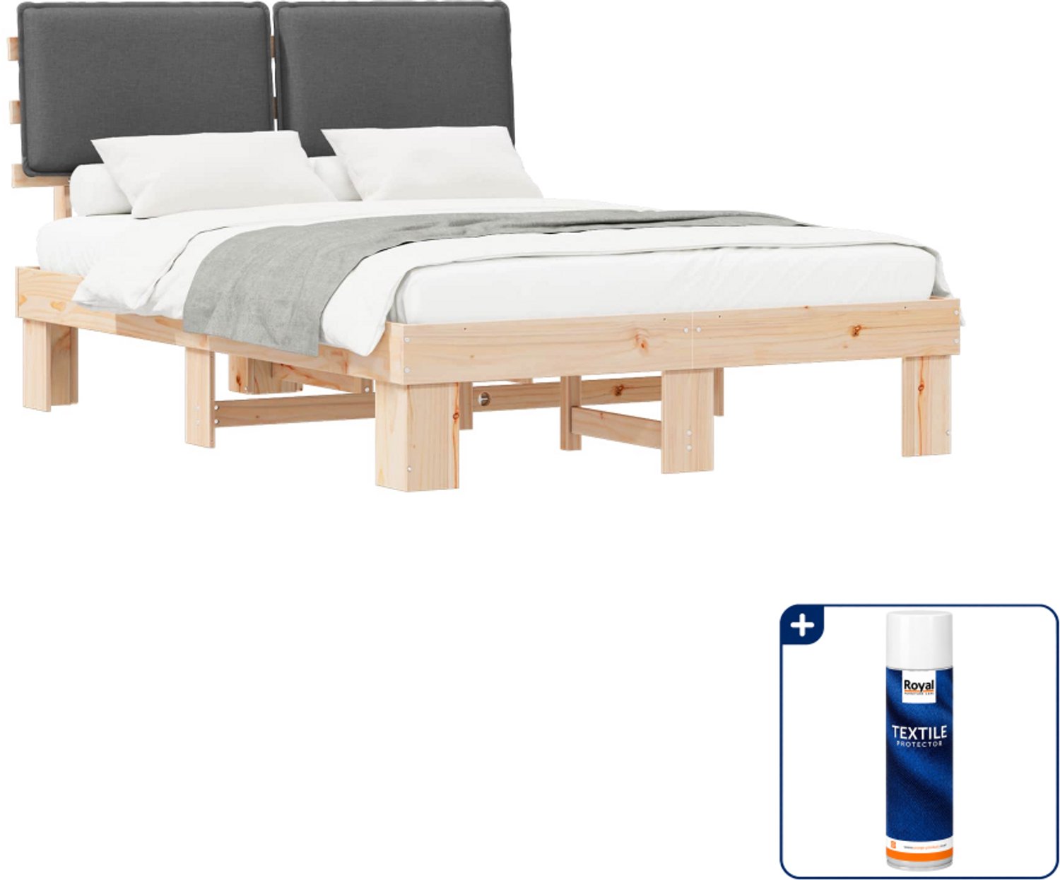 vidaXL bedframe - 135 x 190 cm - massief grenenhout - donkergrijs - Inclusief textielbeschermer 500 ml