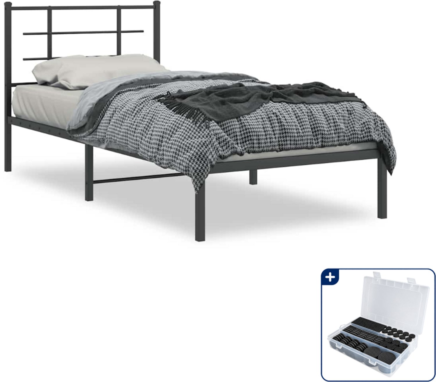 vidaXL bedframe - 90 x 200 cm - metaal - zwart - Inclusief antikrasvilt 177-delig