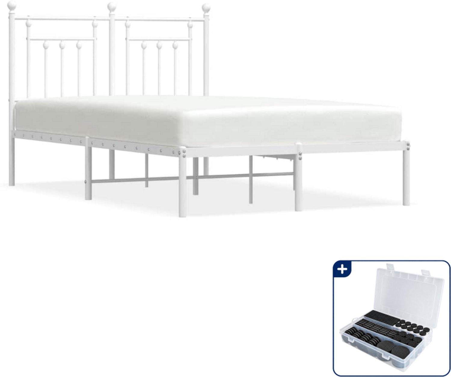 vidaXL bedframe met hoofdbord - 135 x 190 cm - staal - wit - Inclusief antikrasvilt 177-delig