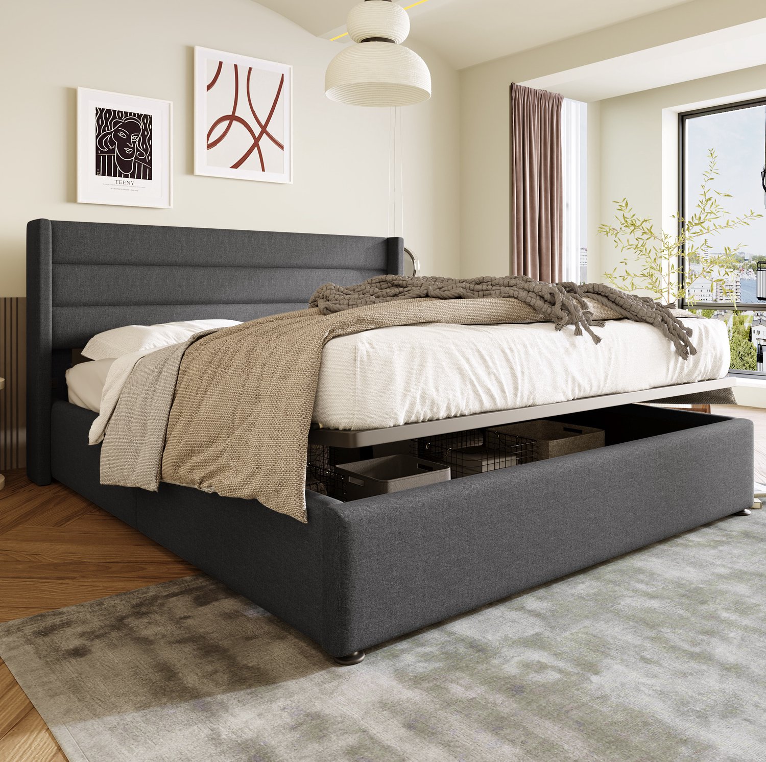 Maisentiel Gestoffeerd opbergbed 160 x 200 cm met lattenbodem - grijs linnen