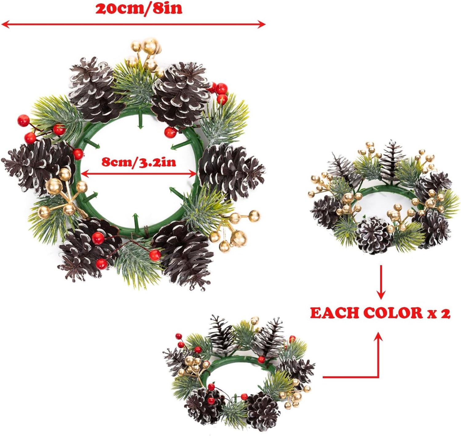 Kerstkrans - 2 stuks - kunstmatige krans - Kerstdecoratie - Bloemenkrans - Met kunstmatige rode bessen - Kersttafeldecoratie - decoratieve ring voor kaarsen, rustiek kersttafelstuk of versiering – foto 2