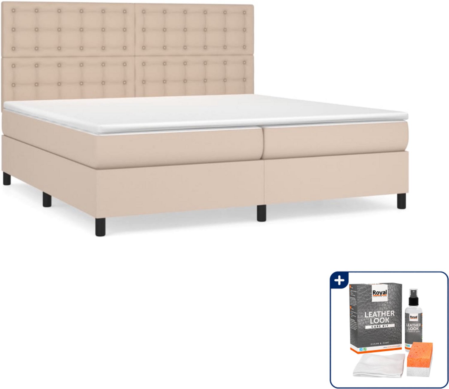 vidaXL Boxspring met matras - 200 x 200 cm - kunstleer - cappuccino - Inclusief onderhoudsset voor kunstleer 150 ml Bruin