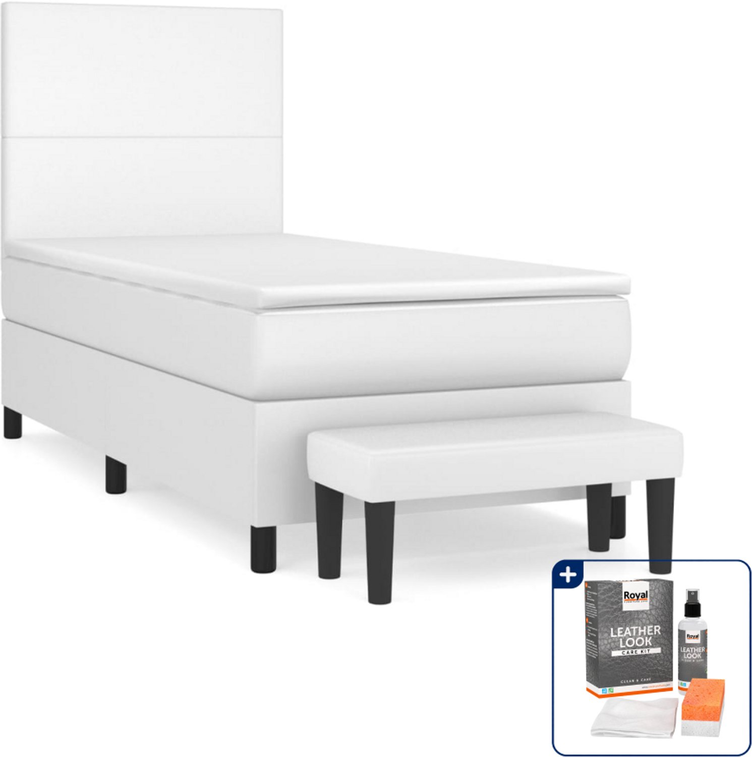 vidaXL boxspring met matras en bankje - 90 x 190 cm - wit - Inclusief onderhoudsset voor kunstleer 150 ml