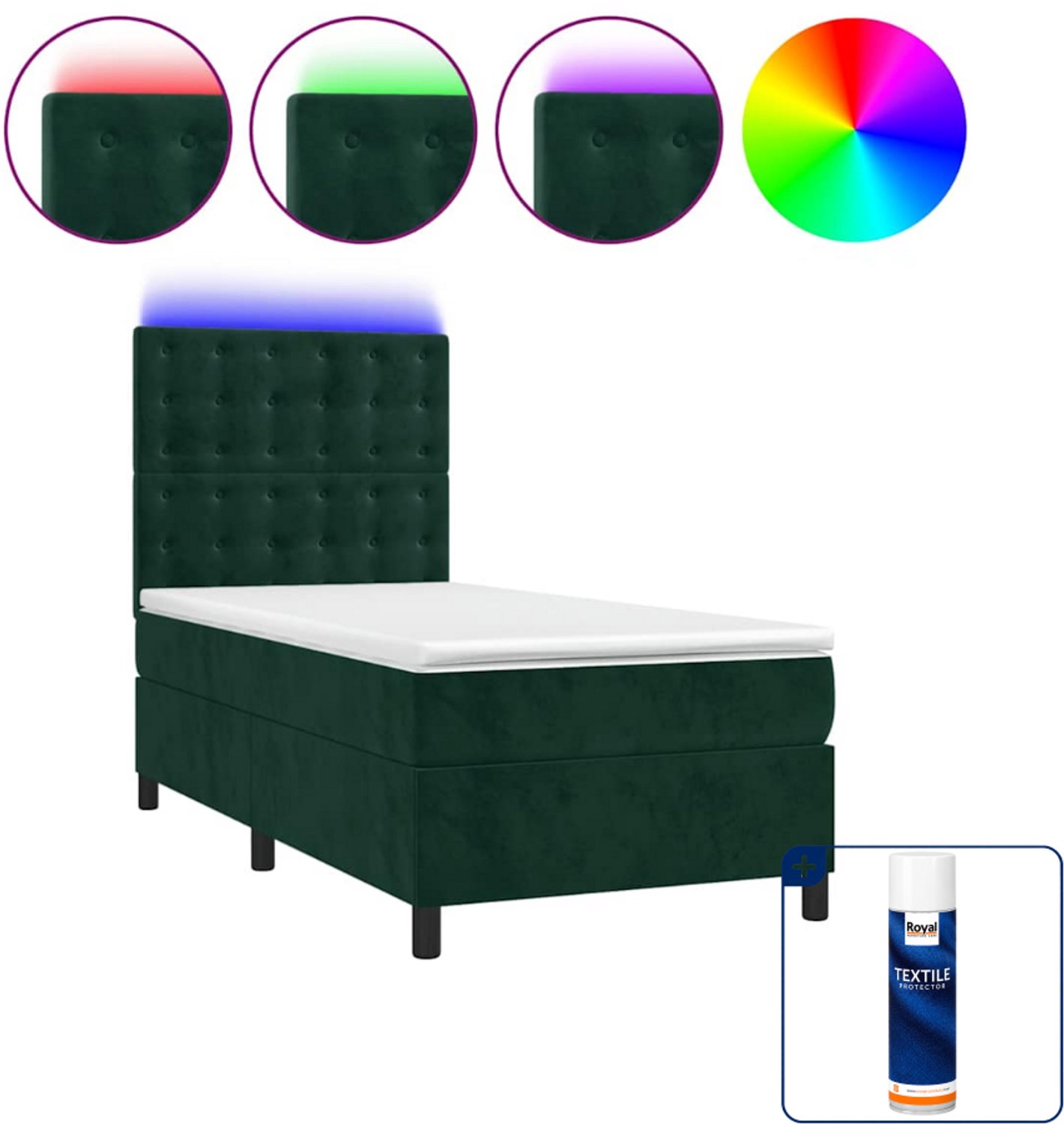 vidaXL boxspring met matras en led - 80 x 200 cm - fluweel - donkergroen - Inclusief textielbeschermer 500 ml