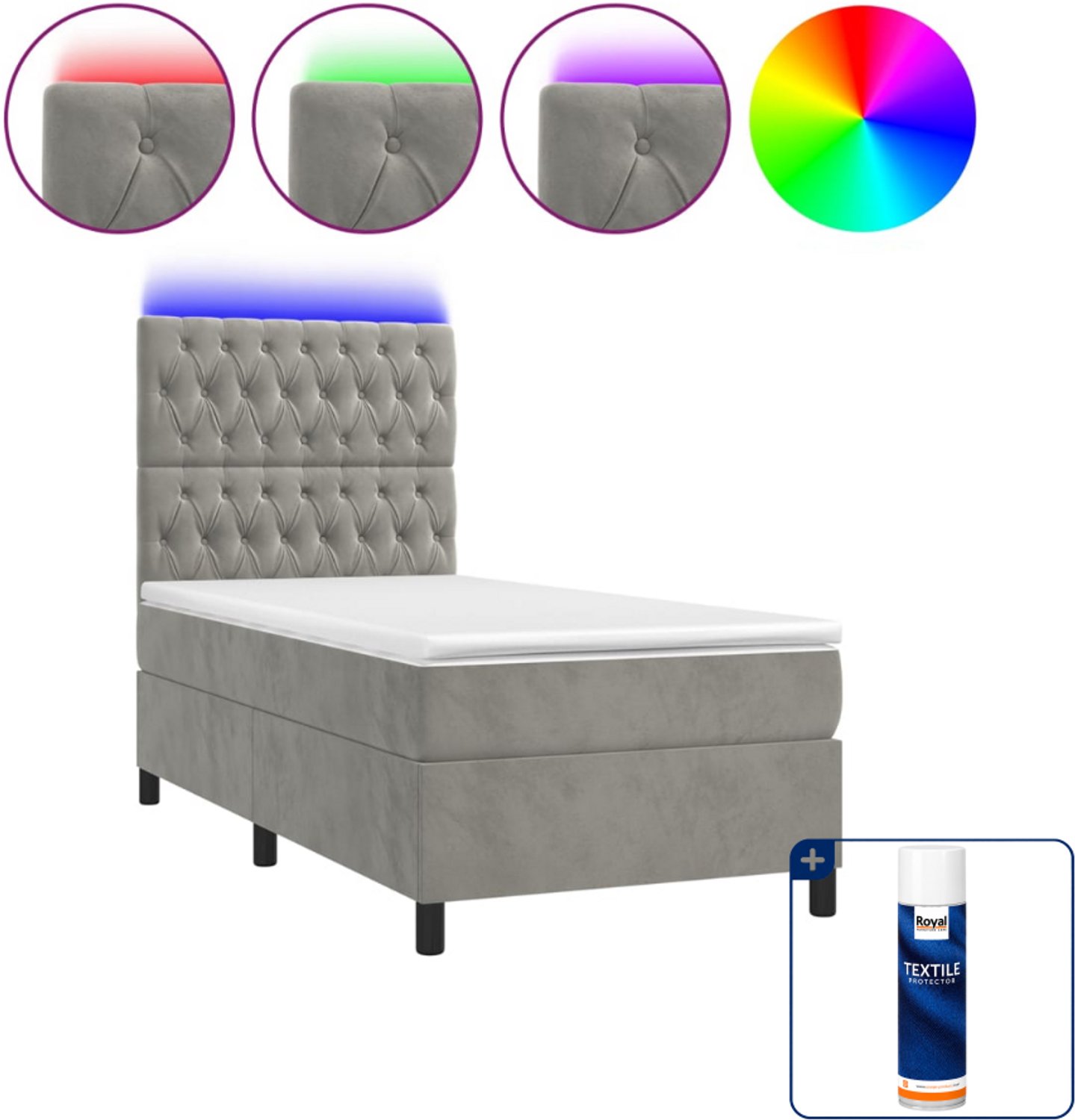 vidaXL boxspring met matras en led - 100 x 200 cm - fluweel - lichtgrijs - Inclusief textielbeschermer 500 ml
