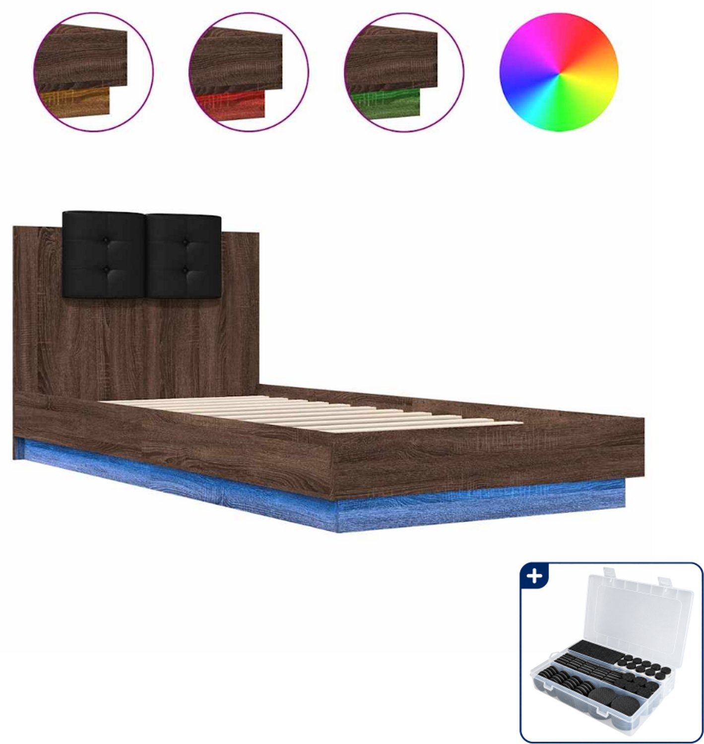 vidaXL bedframe met led - 90 x 200 cm - bewerkt hout - bruineiken - Inclusief antikrasvilt 177-delig Grijs