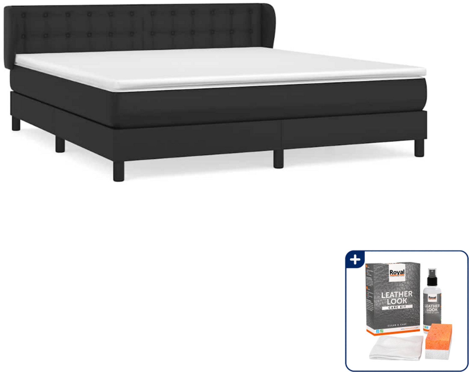 vidaXL Kingsize boxspring met matras 180 x 200 cm - zwart - Inclusief onderhoudsset voor kunstleer 150 ml