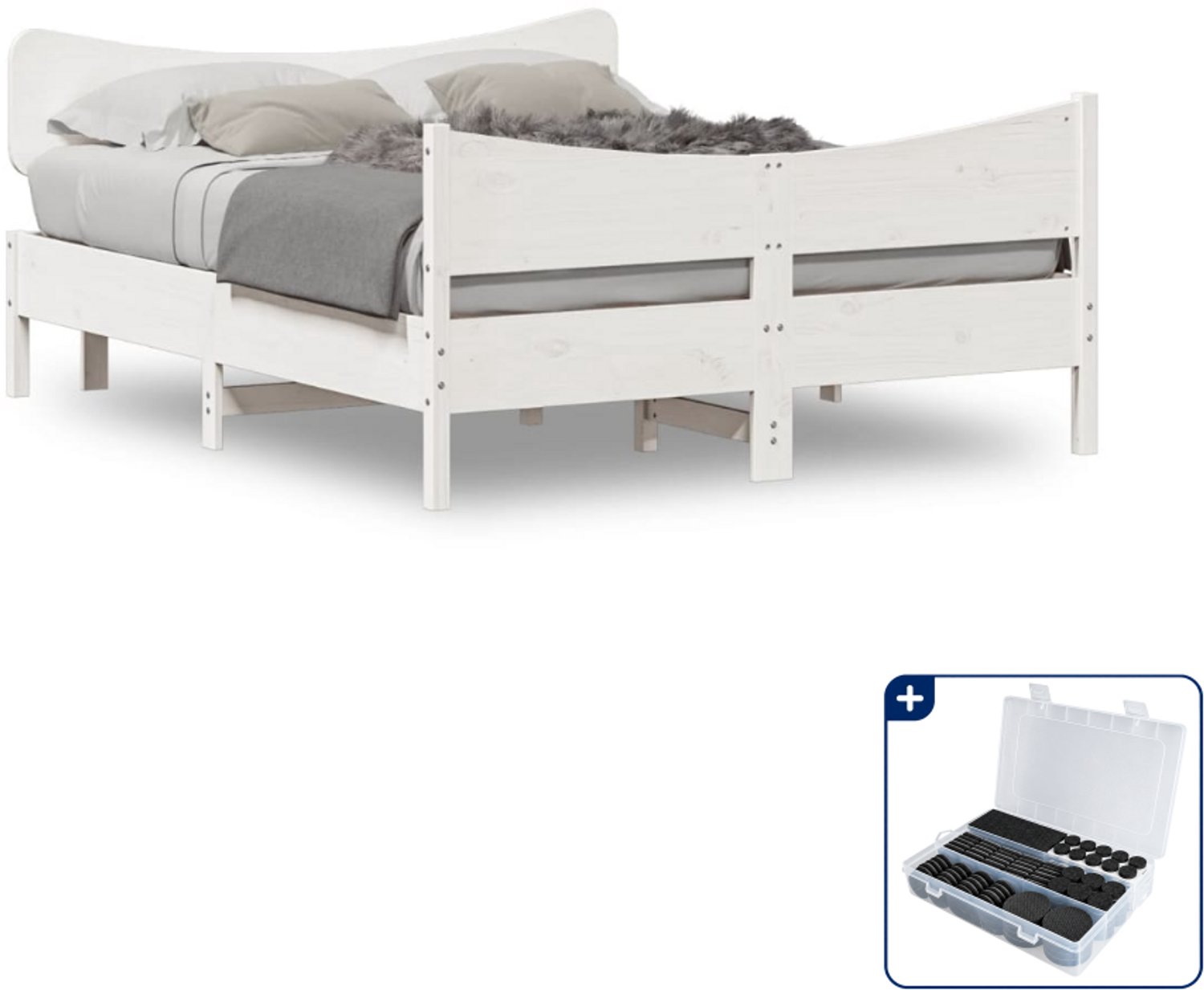 vidaXL bedframe - 140 x 190 cm - massief grenenhout - wit - Inclusief antikrasvilt 177-delig Zwart