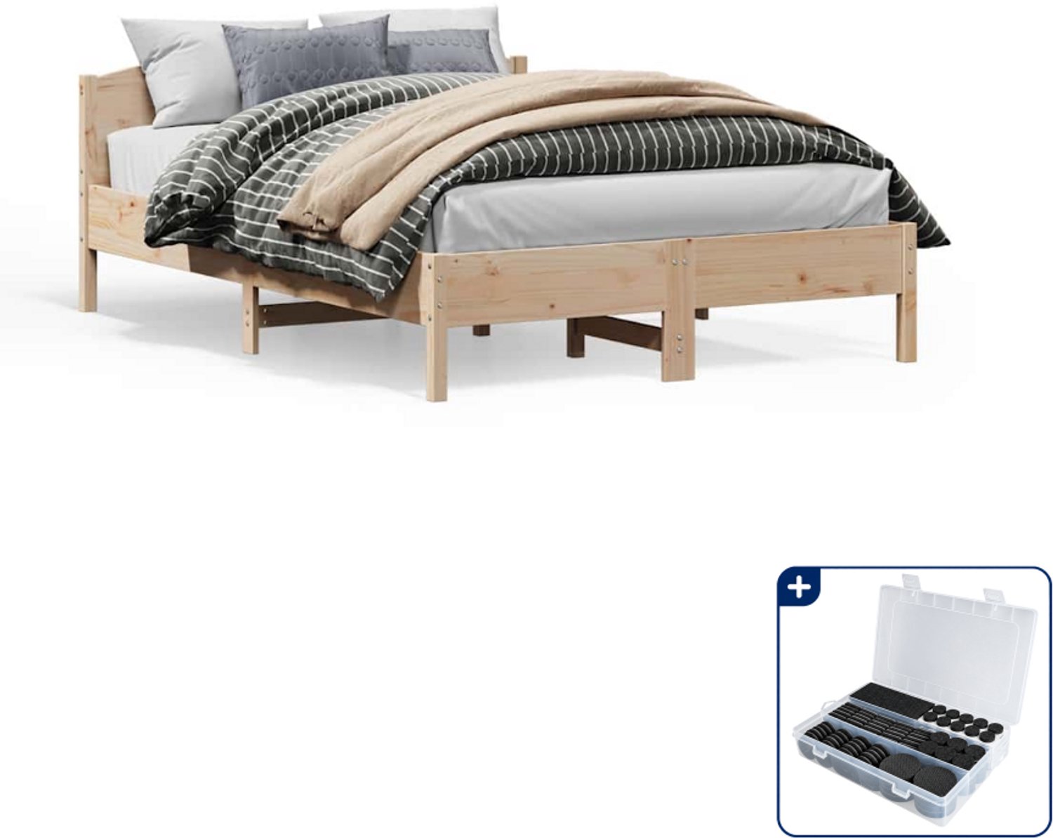 vidaXL bedframe - 150 x 200 cm - massief grenenhout - Inclusief antikrasvilt 177-delig Zwart