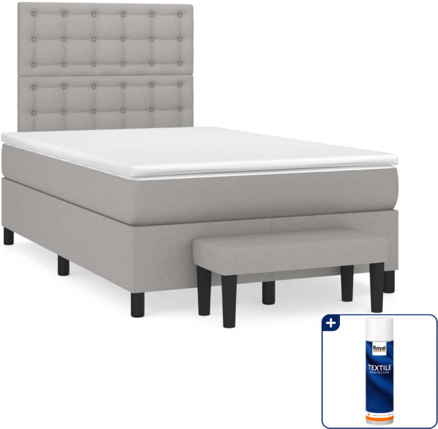vidaXL boxspring met matras en bankje - 120 x 200 cm - lichtgrijs - Inclusief textielbeschermer 500 ml
