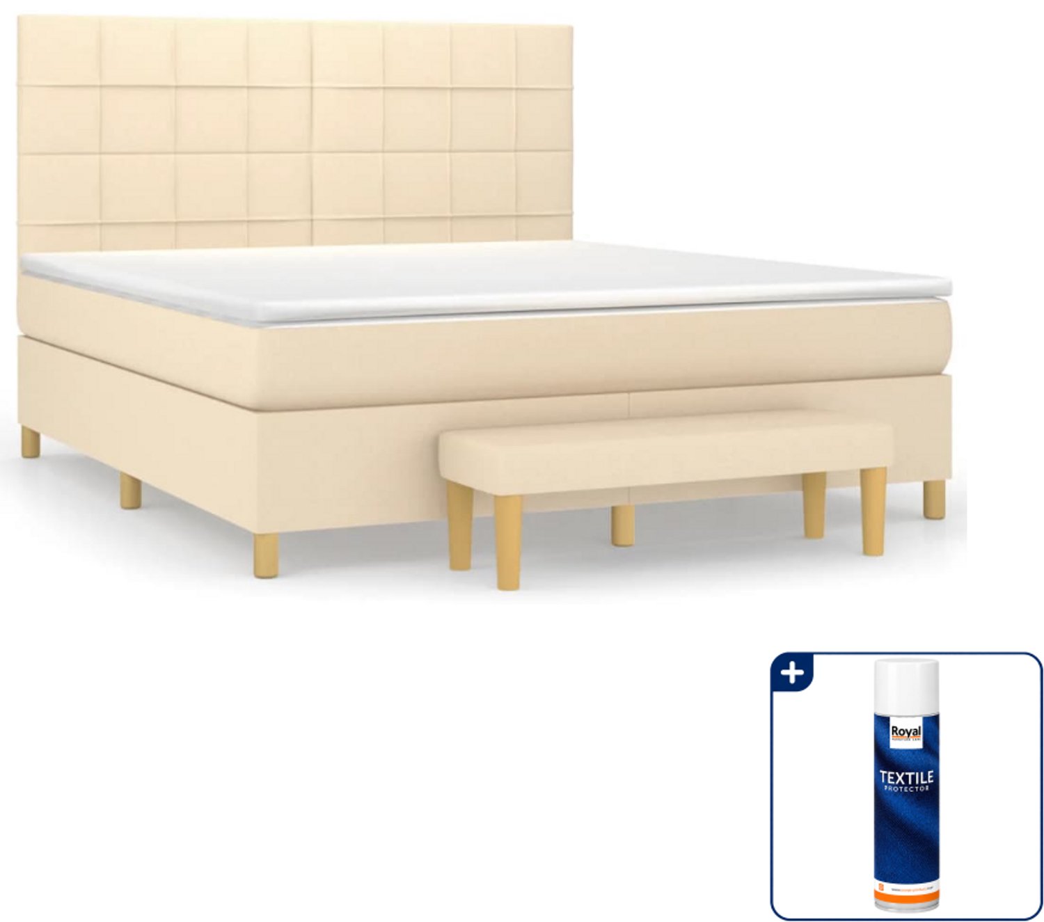 vidaXL Kingsize boxspring met matras en bankje - 180 x 200 cm - crème - Inclusief textielbeschermer 500 ml