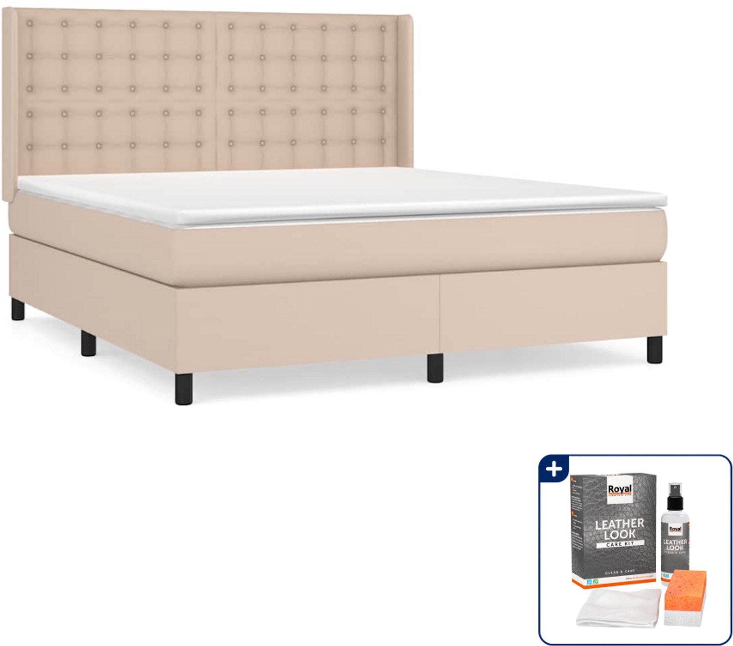 vidaXL boxspring met matras - Queensize - kunstleer - cappuccino - Inclusief onderhoudsset voor kunstleer 150 ml Bruin