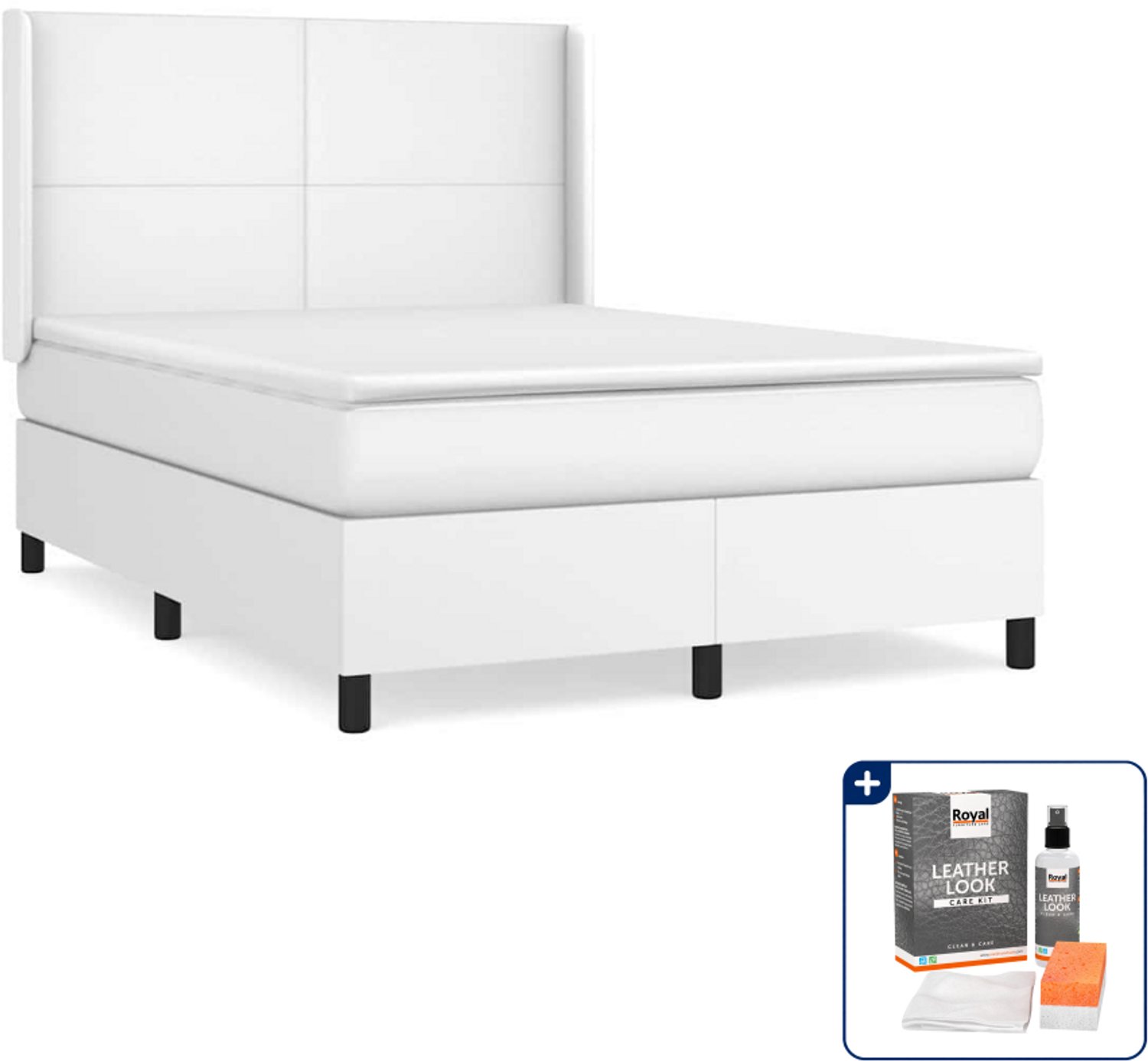 vidaXL boxspring met matras - 140 x 190 cm - wit - Inclusief onderhoudsset voor kunstleer 150 ml