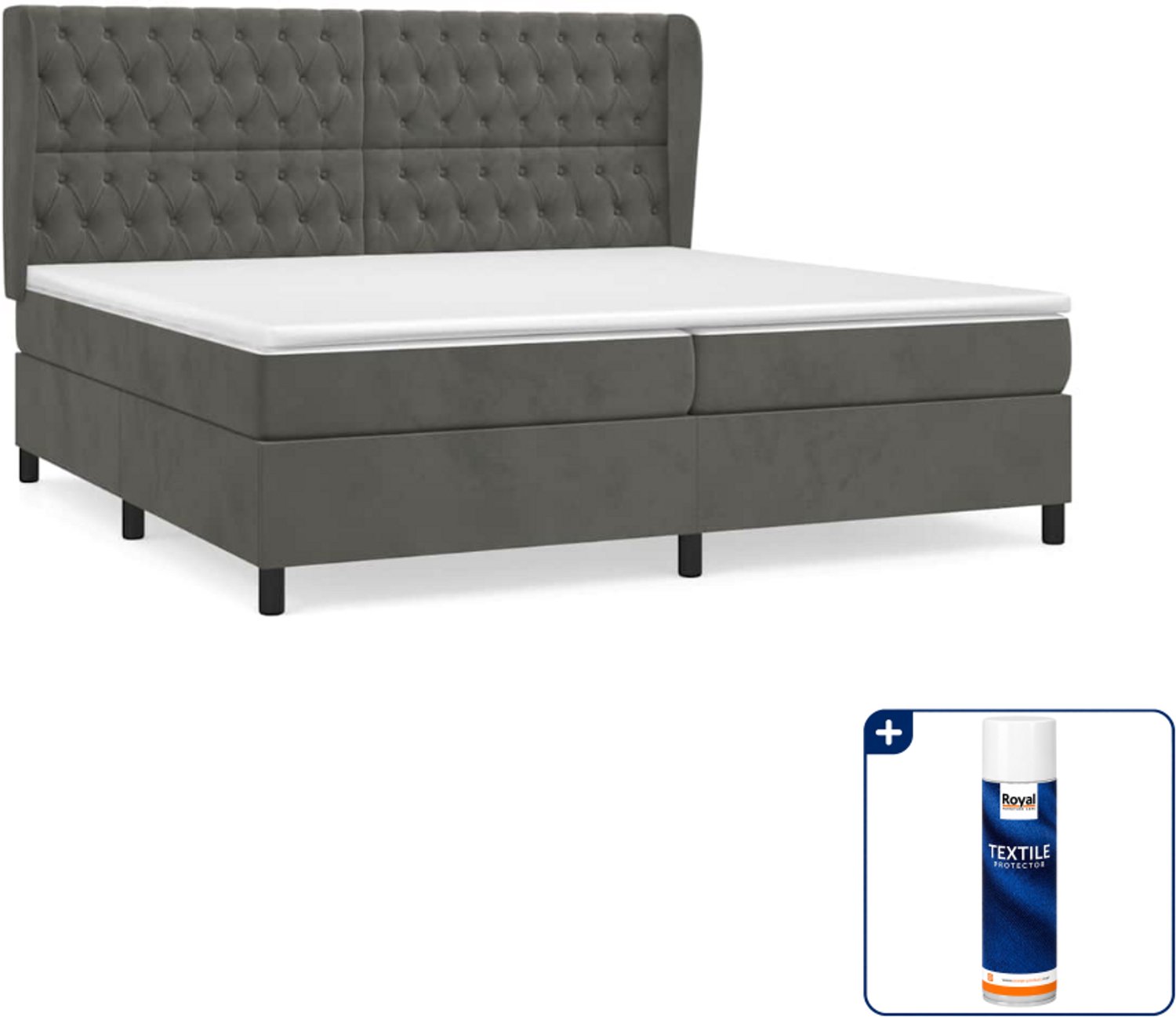 vidaXL boxspring met matras - super kingsize - 200x200 cm - fluweel - donkergrijs - Inclusief textielbeschermer 500 ml