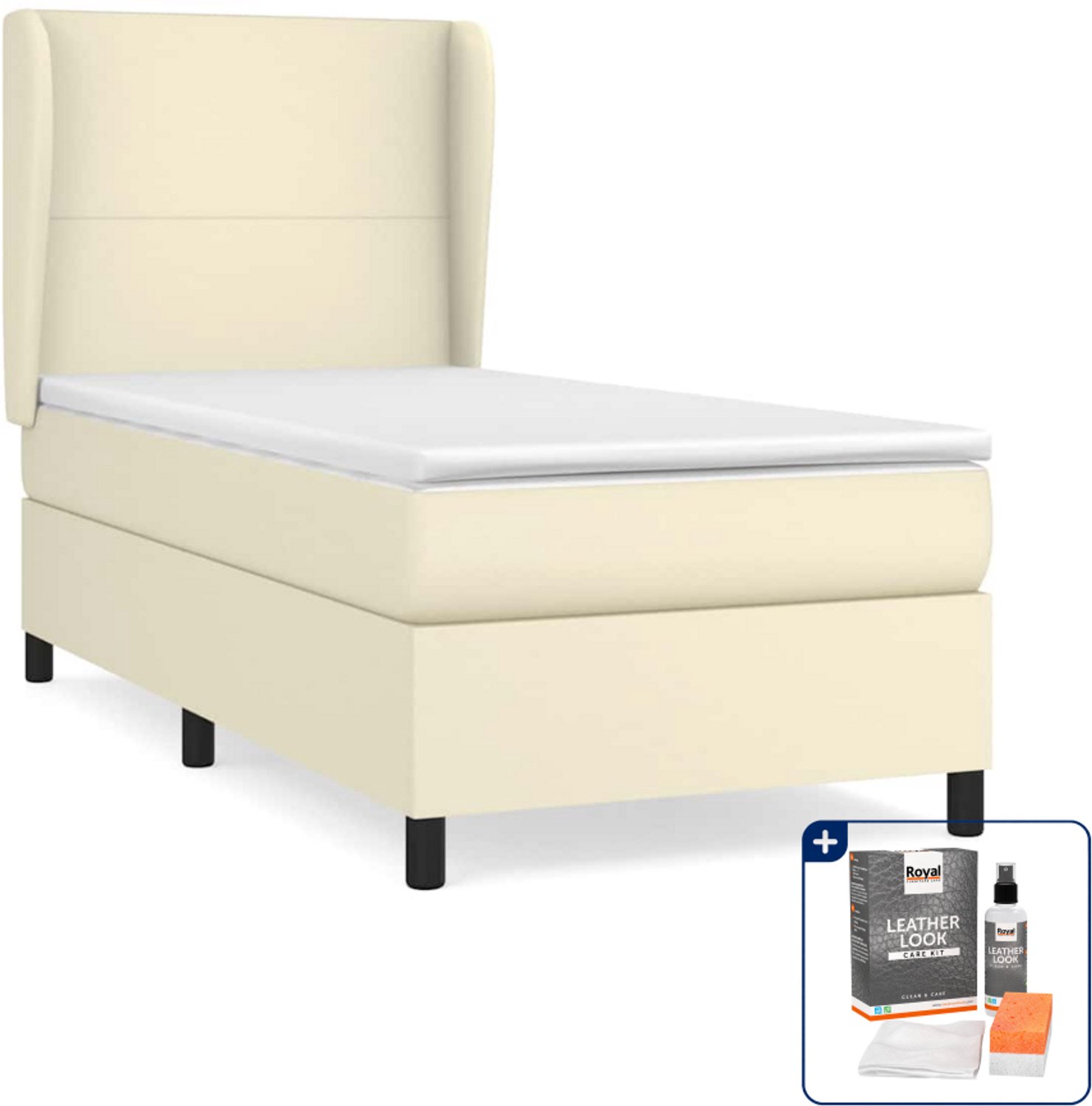 vidaXL Boxspring met matras - 90 x 200 cm - kunstleer - crème - Inclusief onderhoudsset voor kunstleer 150 ml