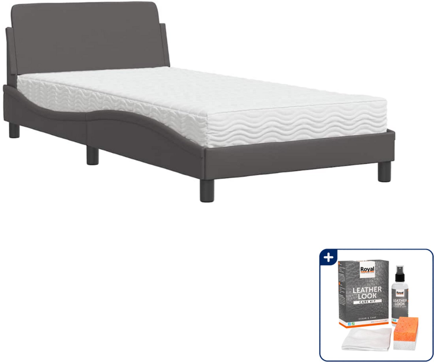 vidaXL bed met matras Dover 100 x 200 cm - kunstleer - grijs - Inclusief onderhoudsset voor kunstleer 150 ml