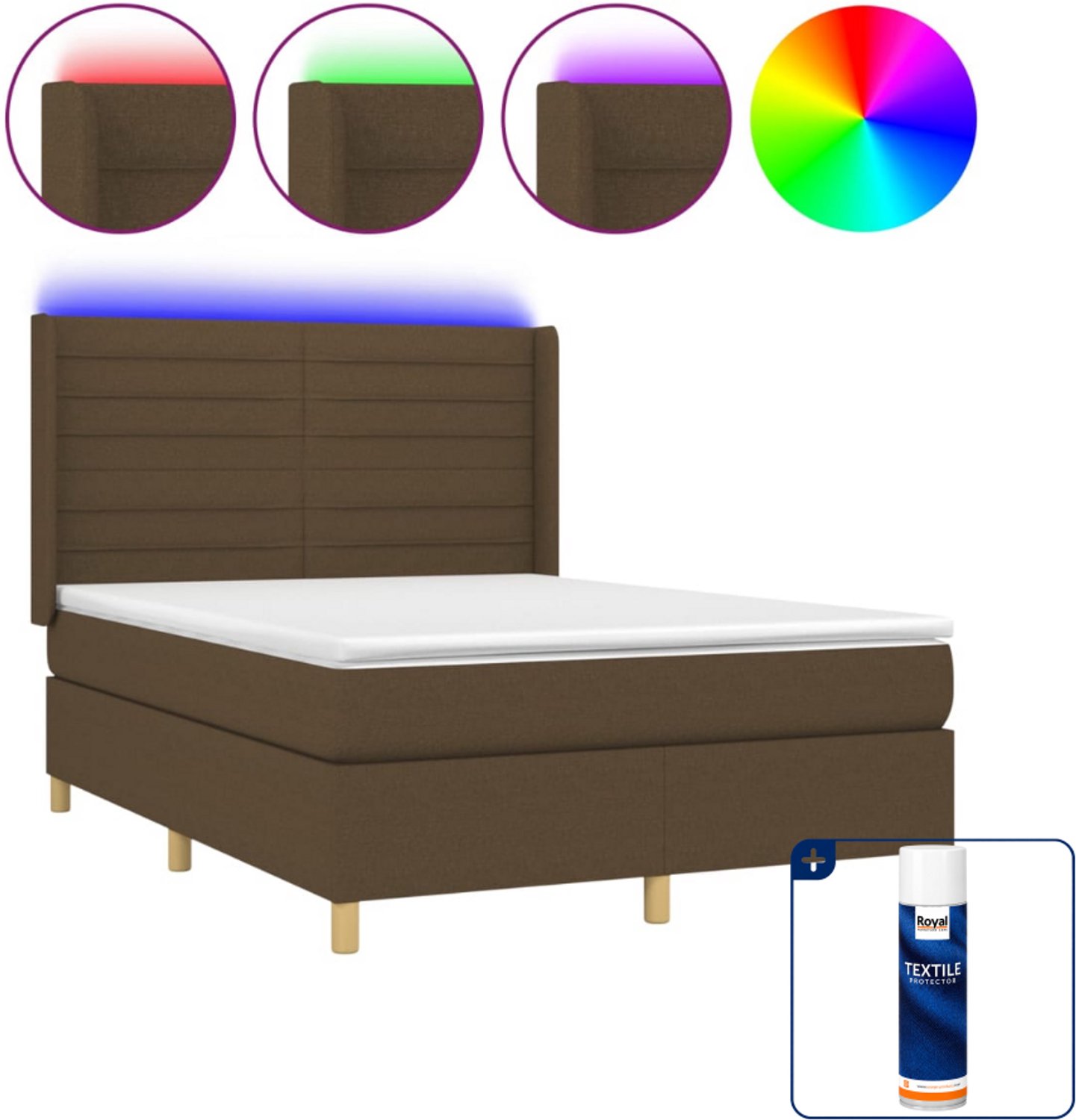 vidaXL boxspring met matras en LED - 140 x 190 cm - donkerbruin - Inclusief textielbeschermer 500 ml