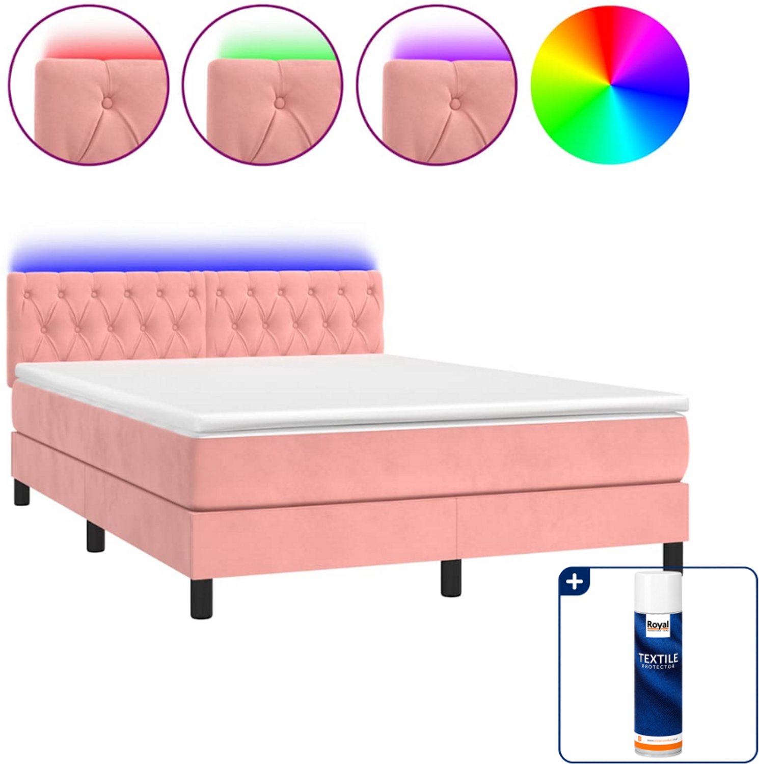 vidaXL boxspring met matras en led - 140 x 190 cm - fluweel - roze - Inclusief textielbeschermer 500 ml