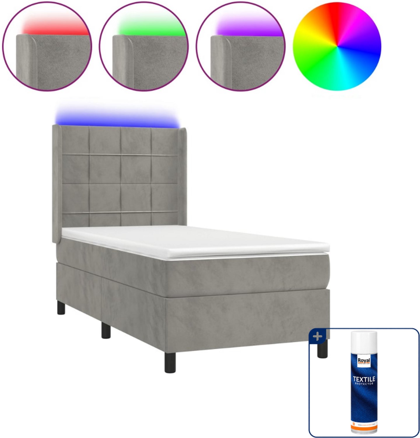 vidaXL boxspring met matras en LED - 90 x 200 cm - fluweel - lichtgrijs - Inclusief textielbeschermer 500 ml