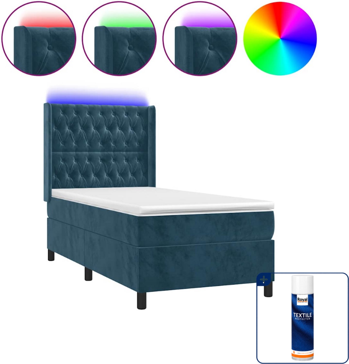 vidaXL boxspring met matras en led - 90 x 190 cm - fluweel - donkerblauw - Inclusief textielbeschermer 500 ml