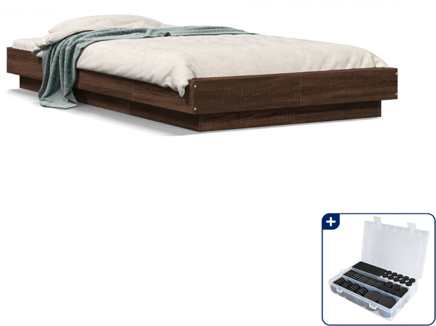vidaXL bedframe met LED 75 x 190 cm - bewerkt hout - bruineiken - Inclusief antikrasvilt 177-delig
