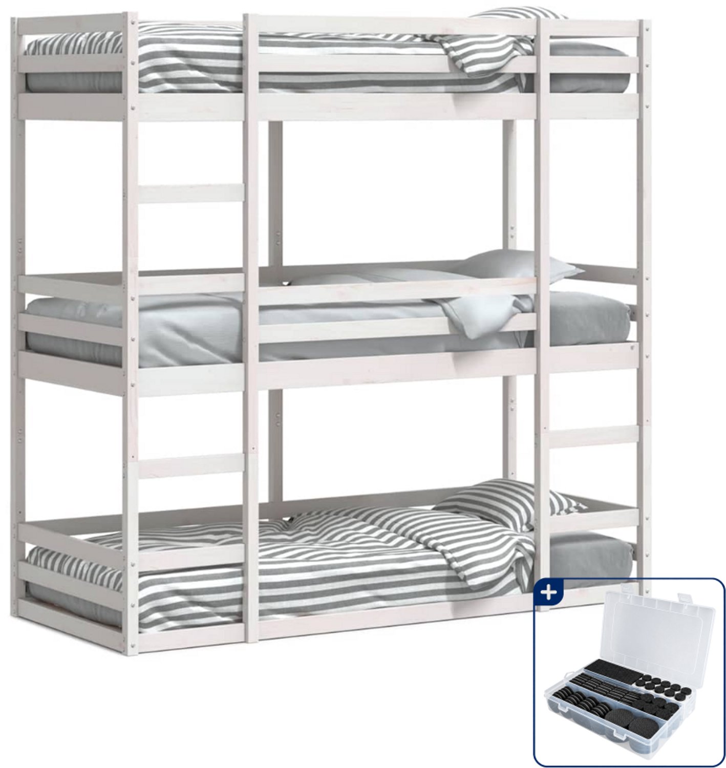 vidaXL 3-persoons stapelbed - 75 x 190 cm - massief grenenhout - wit - Inclusief antikrasvilt 177-delig Grijs