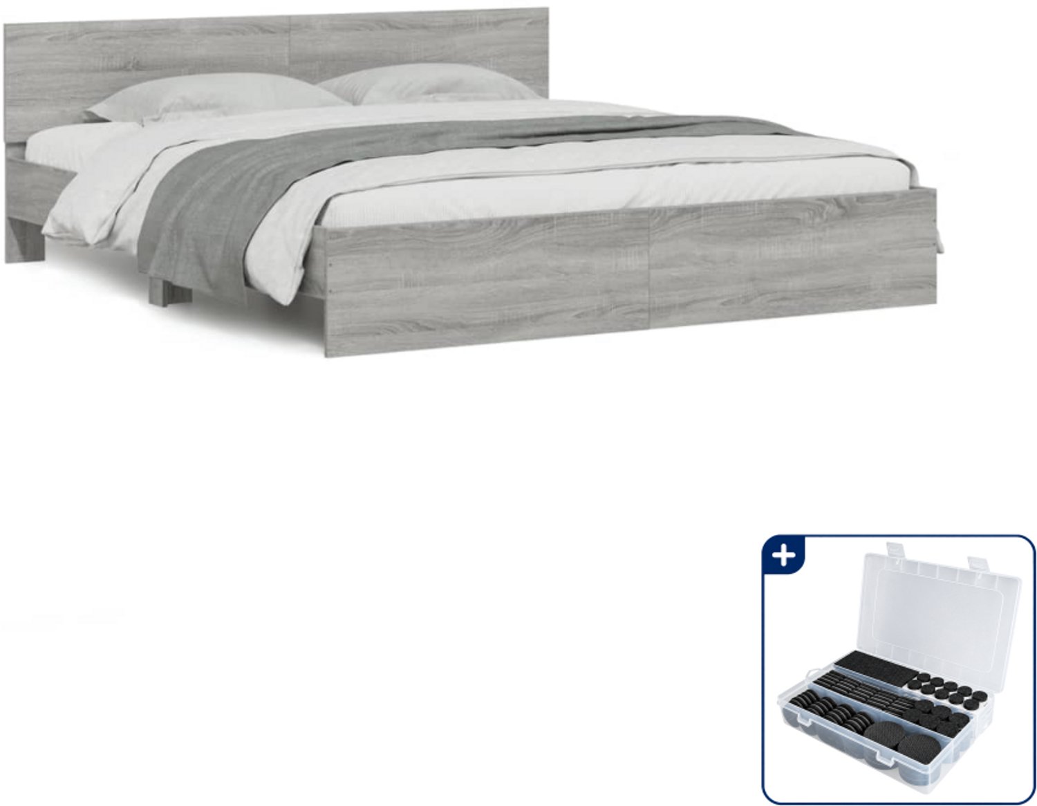 vidaXL Queensize bedframe met hoofdeinde 160 x 200 cm - grijs sonoma - Inclusief antikrasvilt 177-delig Groen