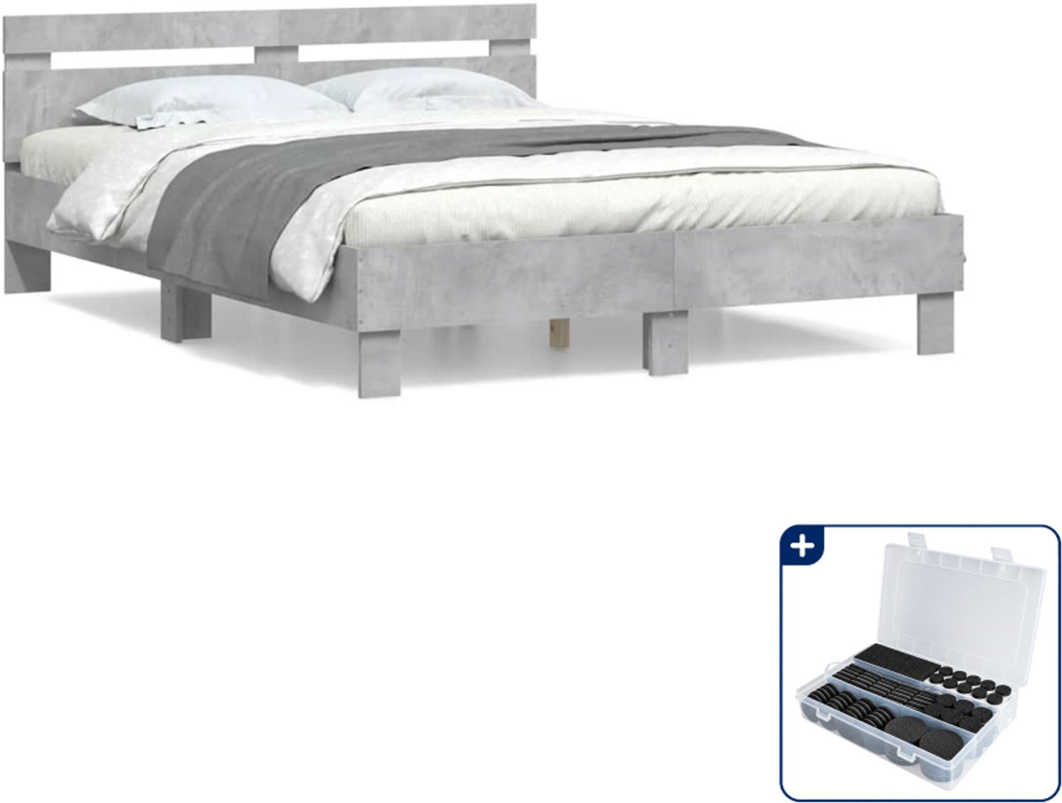 vidaXL bedframe met hoofdeinde - 150 x 200 cm - bewerkt hout - betongrijs - Inclusief antikrasvilt 177-delig Blauw