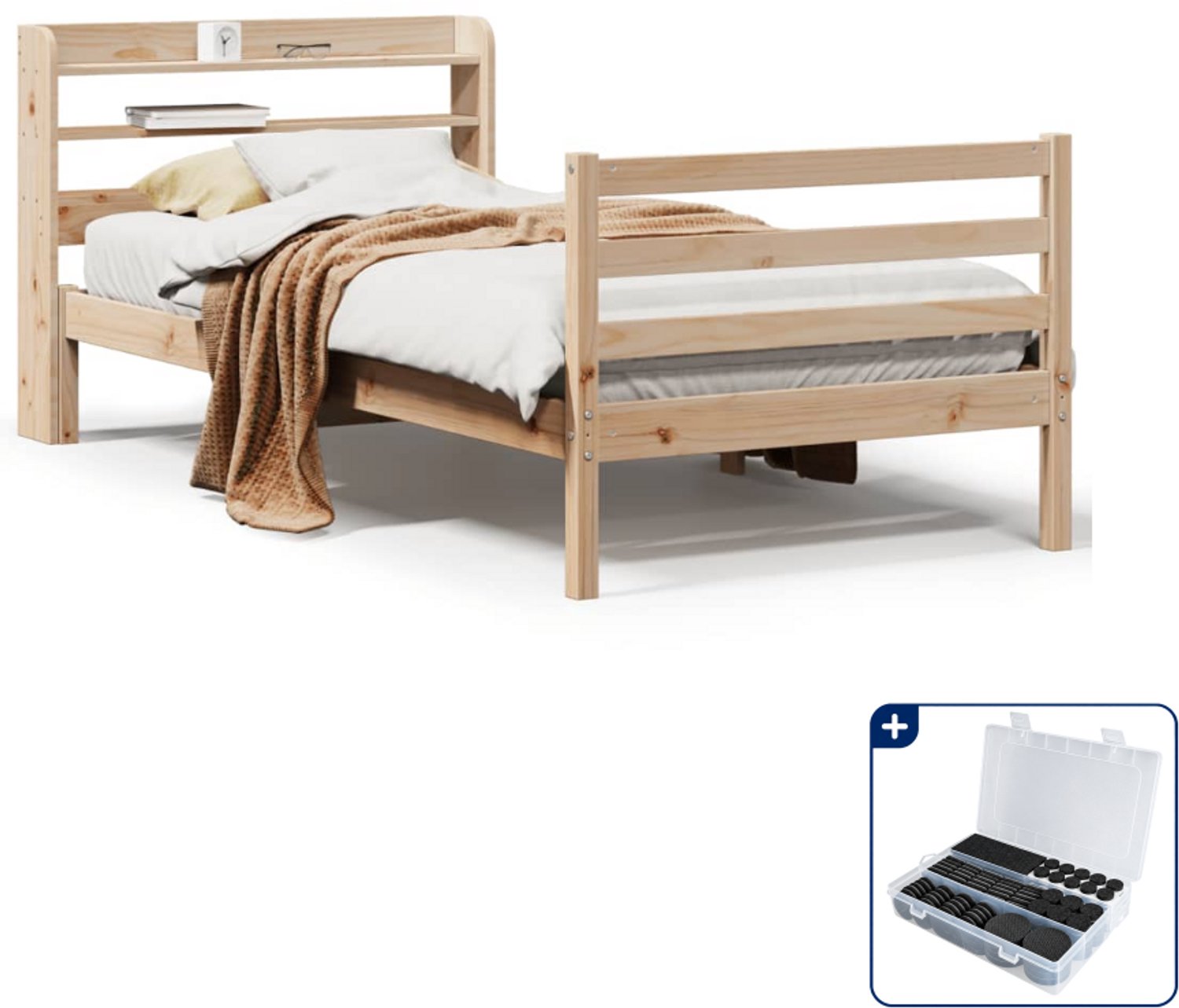 vidaXL bedframe met hoofdbord - 100 x 200 cm - massief grenenhout - Inclusief antikrasvilt 177-delig Bruin
