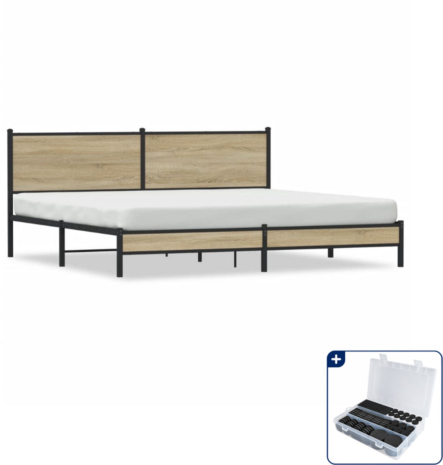 vidaXL Bedframe - 193 x 203 cm - staal en bewerkt hout - sonoma eiken - Inclusief antikrasvilt 177-delig Bruin