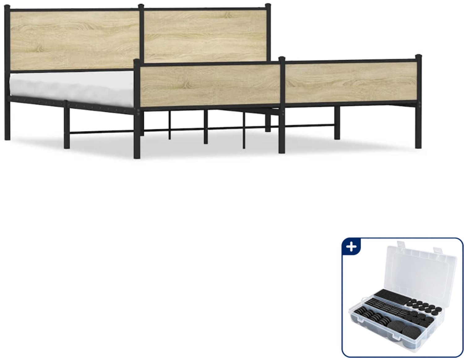 vidaXL Bedframe - 193 x 203 cm - staal en bewerkt hout - sonoma eiken - Inclusief antikrasvilt 177-delig Bruin