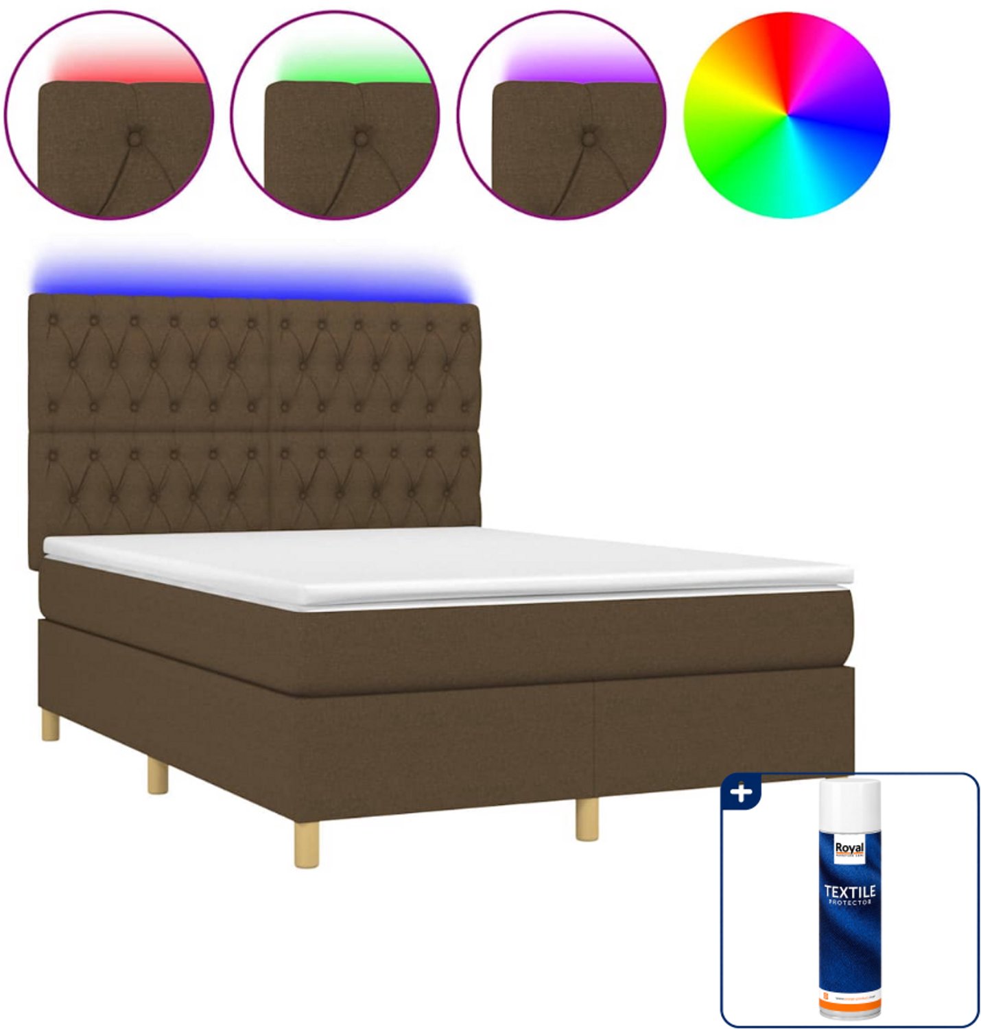vidaXL boxspring met matras en LED - 140 x 190 cm - donkerbruin - Inclusief textielbeschermer 500 ml